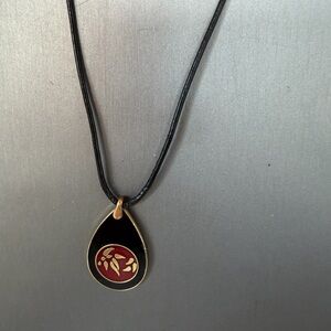 Laurel Burch Signed Bamboo Pendant Black Red Enamel with Black Leather Cord